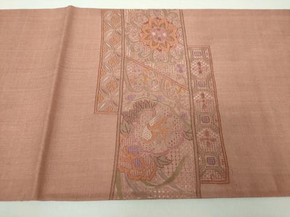 平和屋着物●中国三大刺繍　スワトウ刺繍　汕頭刺繍　総刺繍　太鼓柄袋帯　紬地　絽刺し　色紙重ね花文　正絹　逸品　DABE5095ps