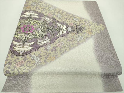 平和屋着物●太鼓柄袋帯　貝紫　刺繍　花菱文　金銀彩　金通し地　正絹　逸品　未使用　DABE5100ps
