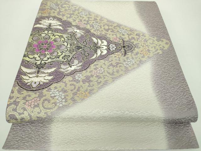 平和屋着物●太鼓柄袋帯　貝紫　刺繍　花菱文　金銀彩　金通し地　正絹　逸品　未使用　DABE5100ps
