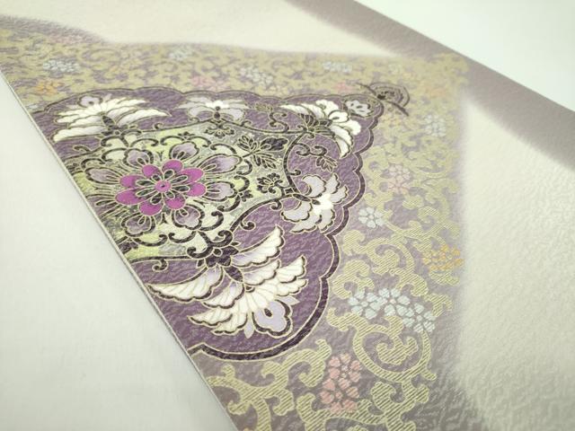 平和屋着物●太鼓柄袋帯　貝紫　刺繍　花菱文　金銀彩　金通し地　正絹　逸品　未使用　DABE5100ps