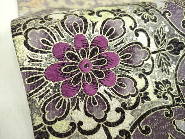 平和屋着物●太鼓柄袋帯　貝紫　刺繍　花菱文　金銀彩　金通し地　正絹　逸品　未使用　DABE5100ps