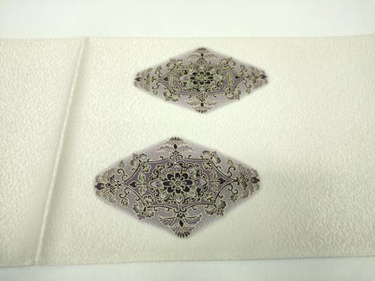 平和屋着物●太鼓柄袋帯　貝紫　刺繍　花菱文　金銀彩　金通し地　正絹　逸品　未使用　DABE5100ps