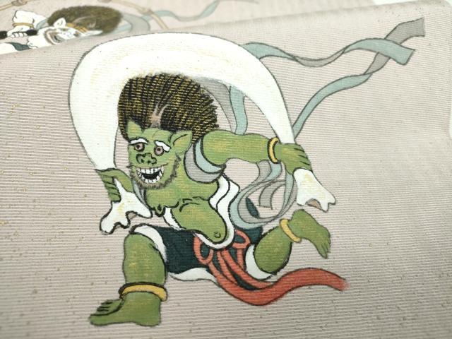平和屋着物●両面　太鼓柄袋帯　手描き　風神雷神　金彩　正絹　逸品　DABE5101ps