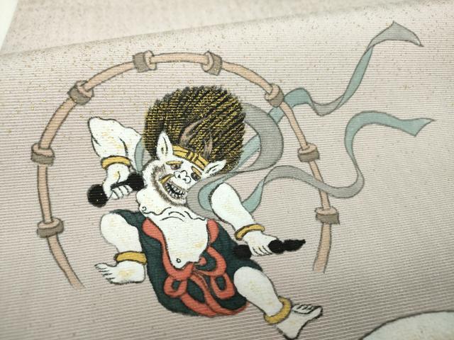 平和屋着物●両面　太鼓柄袋帯　手描き　風神雷神　金彩　正絹　逸品　DABE5101ps
