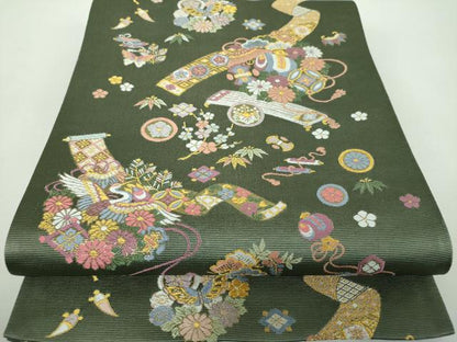 平和屋着物●染色作家　伝統工芸士　山田鉱治　六通柄袋帯　茜染　華七宝　宝尽吉祥紋様　金糸　正絹　逸品　DABE5107ps