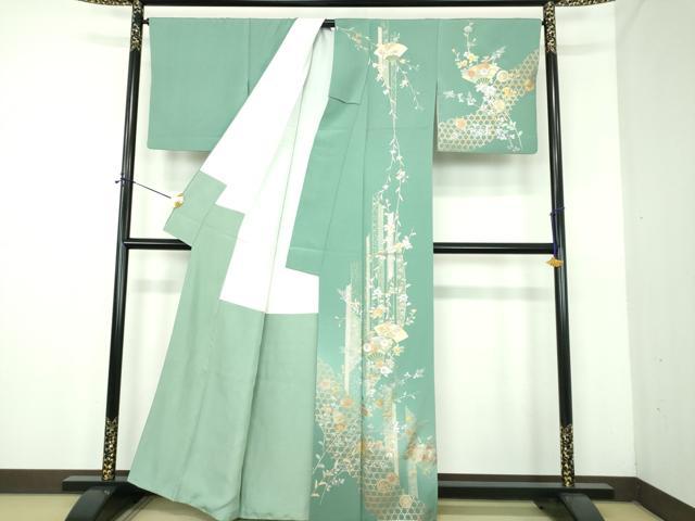 平和屋着物●訪問着　扇面花文　暈し染め　金銀彩　正絹　逸品　DABE5109ps