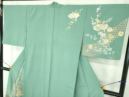 平和屋着物●訪問着　扇面花文　暈し染め　金銀彩　正絹　逸品　DABE5109ps