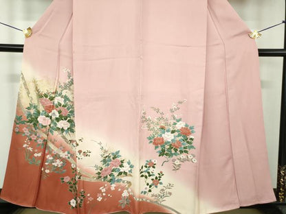 平和屋着物●訪問着　刺繍　草花文　暈し染め　金彩　正絹　逸品　DABE5113ps