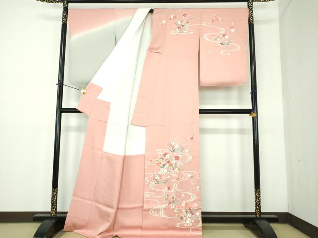 平和屋着物●訪問着　流水鴛鴦花文　暈し染め　金銀彩　正絹　逸品　DABE5114ps