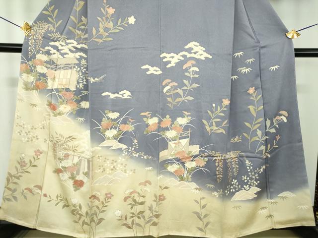平和屋着物●訪問着　駒刺繍　風景花文　暈し染め　金彩　鈴乃屋扱い　正絹　逸品　未使用　DABE5120ps