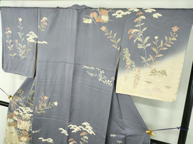 平和屋着物●訪問着　駒刺繍　風景花文　暈し染め　金彩　鈴乃屋扱い　正絹　逸品　未使用　DABE5120ps