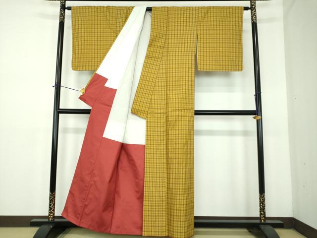 平和屋着物●本場黄八丈　平織　格子　正絹　逸品　未使用　DABE5125ps