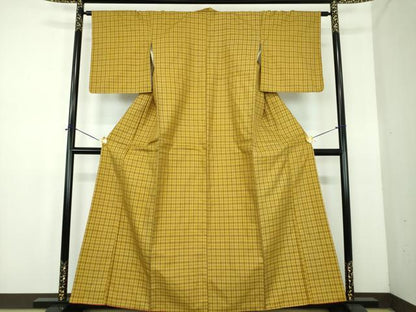 平和屋着物●本場黄八丈　平織　格子　正絹　逸品　未使用　DABE5125ps