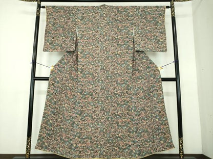平和屋着物●上質な小紋　紅型　舞蝶花文　鬼しぼ縮緬　正絹　逸品　DABE5137ps