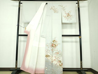 平和屋着物●訪問着　扇面宝尽くし舞蝶花文　暈し染め　金彩　正絹　逸品　DABE5139ps