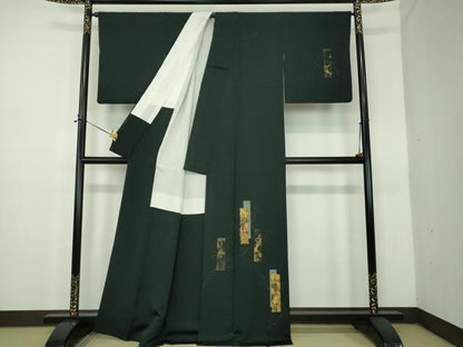 平和屋着物●訪問着　刺繍　手描き　短冊花文　黒地　金彩　正絹　逸品　DABE5160ps