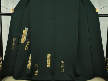平和屋着物●訪問着　刺繍　手描き　短冊花文　黒地　金彩　正絹　逸品　DABE5160ps