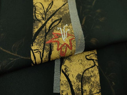 平和屋着物●訪問着　刺繍　手描き　短冊花文　黒地　金彩　正絹　逸品　DABE5160ps