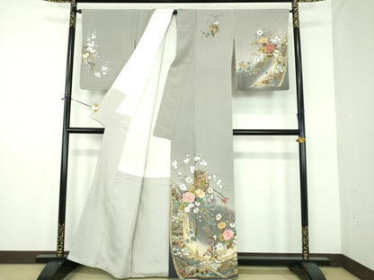 平和屋着物●訪問着　刺繍　御所車風景花文　暈し染め　金彩　正絹　逸品　DABE5161ps