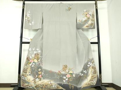平和屋着物●訪問着　刺繍　御所車風景花文　暈し染め　金彩　正絹　逸品　DABE5161ps