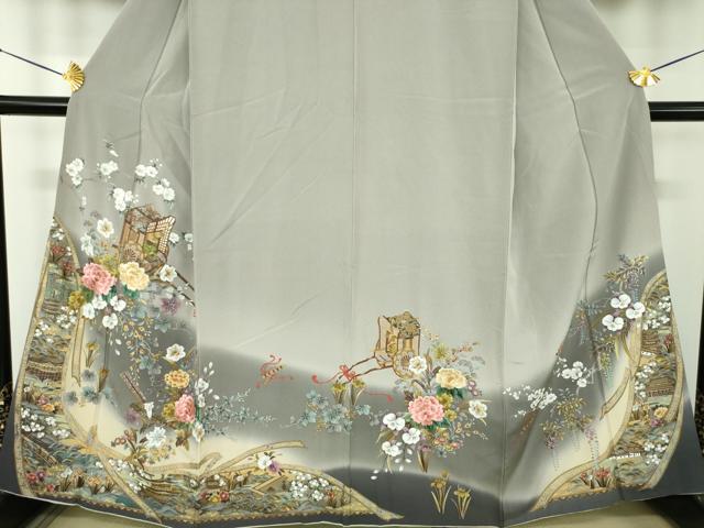平和屋着物●訪問着　刺繍　御所車風景花文　暈し染め　金彩　正絹　逸品　DABE5161ps
