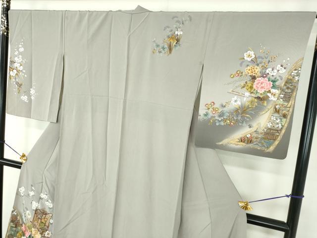 平和屋着物●訪問着　刺繍　御所車風景花文　暈し染め　金彩　正絹　逸品　DABE5161ps