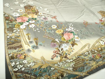 平和屋着物●訪問着　刺繍　御所車風景花文　暈し染め　金彩　正絹　逸品　DABE5161ps