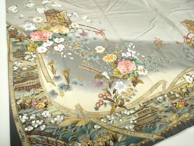 平和屋着物●訪問着　刺繍　御所車風景花文　暈し染め　金彩　正絹　逸品　DABE5161ps