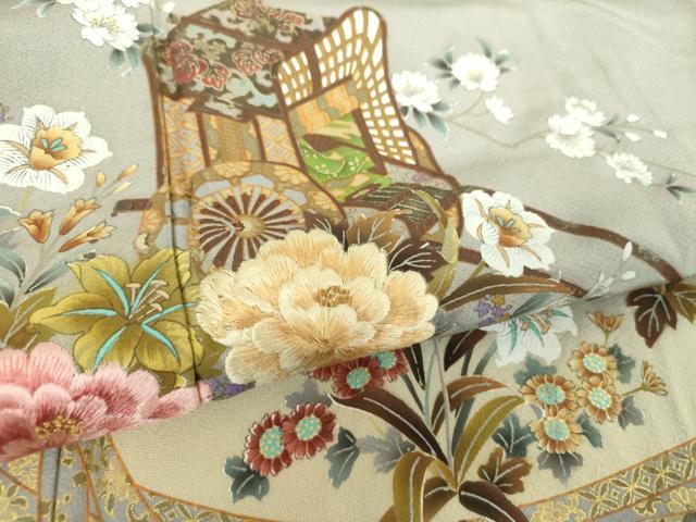 平和屋着物●訪問着　刺繍　御所車風景花文　暈し染め　金彩　正絹　逸品　DABE5161ps