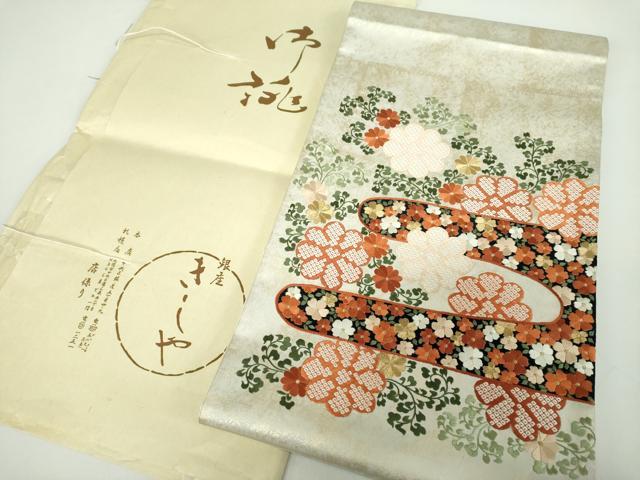 平和屋着物●銀座きしや　太鼓柄袋帯　総刺繍　霞花文　金銀糸　引箔　たとう紙付き　正絹　逸品　DABE5163ps