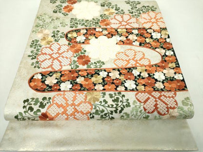 平和屋着物●銀座きしや　太鼓柄袋帯　総刺繍　霞花文　金銀糸　引箔　たとう紙付き　正絹　逸品　DABE5163ps