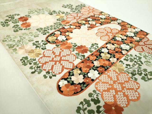 平和屋着物●銀座きしや　太鼓柄袋帯　総刺繍　霞花文　金銀糸　引箔　たとう紙付き　正絹　逸品　DABE5163ps