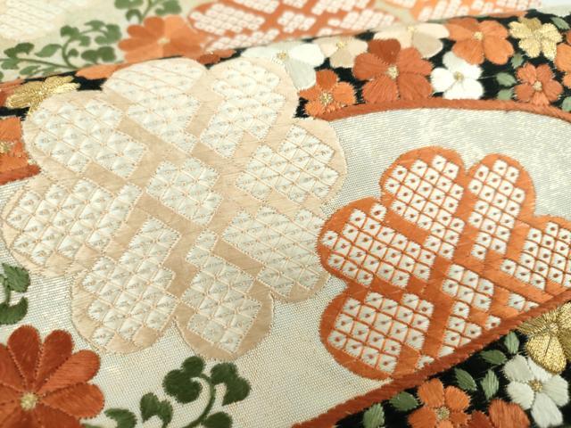 平和屋着物●銀座きしや　太鼓柄袋帯　総刺繍　霞花文　金銀糸　引箔　たとう紙付き　正絹　逸品　DABE5163ps