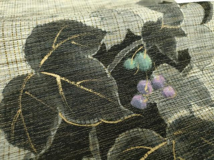 平和屋着物●両面　太鼓柄袋帯　ぜんまい紬　墨蔦　手描き　葡萄蔦の葉文　金彩　上代31万　反端付き　正絹　逸品　未使用　DABE5166ps