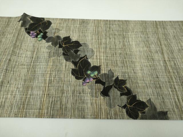 平和屋着物●両面　太鼓柄袋帯　ぜんまい紬　墨蔦　手描き　葡萄蔦の葉文　金彩　上代31万　反端付き　正絹　逸品　未使用　DABE5166ps
