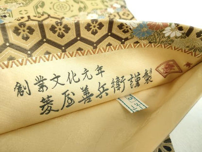 平和屋着物●西陣　木野織物　菱屋善兵衛謹製　六通柄袋帯　紹巴　切嵌名物裂花文　金糸　鈴乃屋扱い　正絹　逸品　DABE5173ps