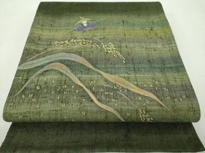 平和屋着物●両面　太鼓柄袋帯　生紬　手描き　紙芸　案山子　稲穂　金彩　正絹　逸品　DABE5174ps