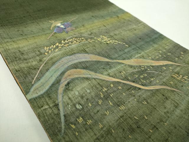 平和屋着物●両面　太鼓柄袋帯　生紬　手描き　紙芸　案山子　稲穂　金彩　正絹　逸品　DABE5174ps