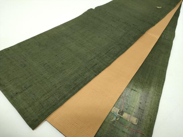 平和屋着物●両面　太鼓柄袋帯　生紬　手描き　紙芸　案山子　稲穂　金彩　正絹　逸品　DABE5174ps