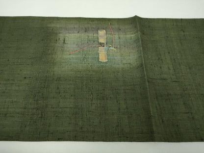 平和屋着物●両面　太鼓柄袋帯　生紬　手描き　紙芸　案山子　稲穂　金彩　正絹　逸品　DABE5174ps