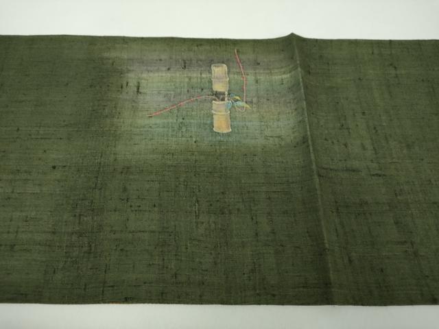 平和屋着物●両面　太鼓柄袋帯　生紬　手描き　紙芸　案山子　稲穂　金彩　正絹　逸品　DABE5174ps