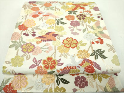 平和屋着物●六通柄袋帯　能衣唐織　枝垂桜鳥舞文　金糸　三越扱い　正絹　逸品　DABE5176ps