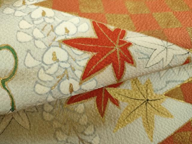 平和屋着物●太鼓柄袋帯　手描き　藤花房　楓　鬼しぼ縮緬　金彩　正絹　逸品　DABE5192ps