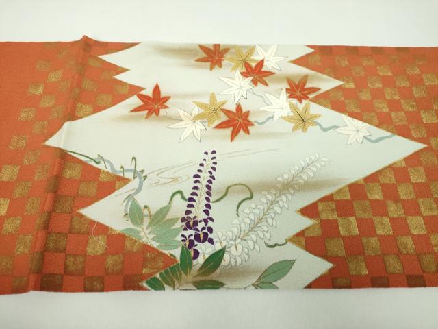 平和屋着物●太鼓柄袋帯　手描き　藤花房　楓　鬼しぼ縮緬　金彩　正絹　逸品　DABE5192ps