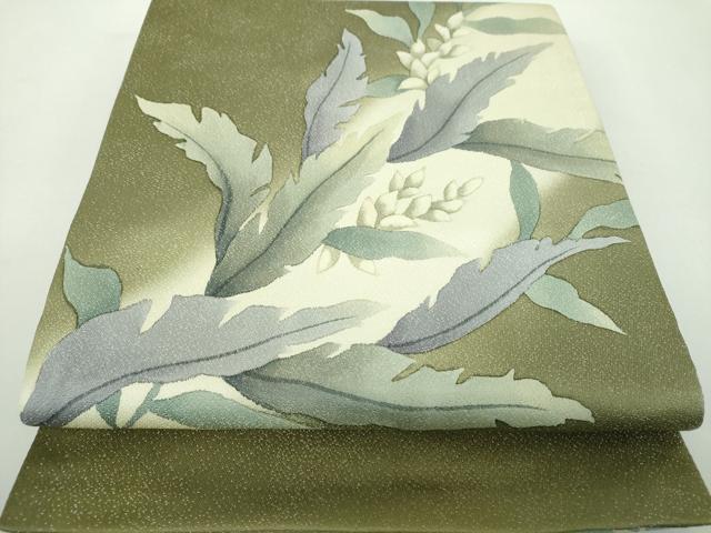 平和屋着物●両面　太鼓柄袋帯　BANKAN　わものや　草花文　銀通し地　正絹　逸品　DABE5193ps