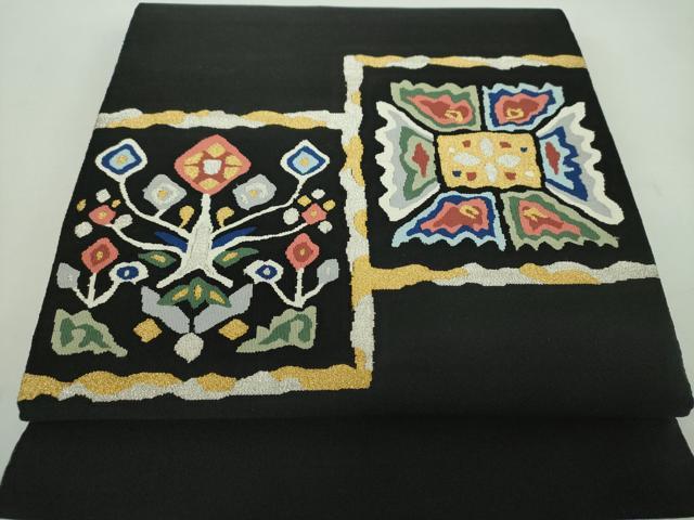 平和屋着物●爪掻き本綴れ　八寸名古屋帯　草花文　黒地　金銀糸　正絹　逸品　DABE5196ps