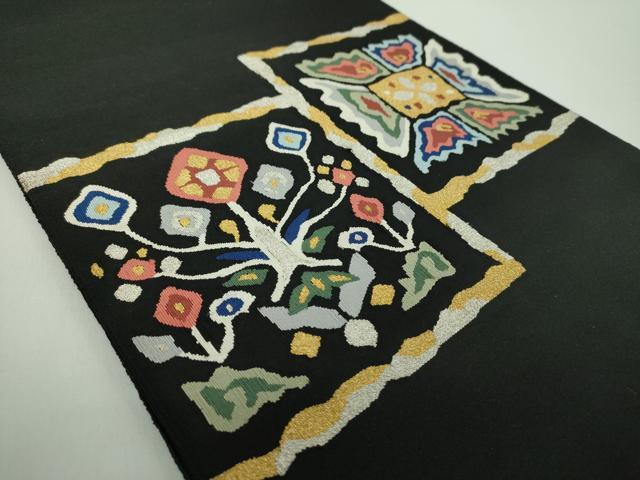 平和屋着物●爪掻き本綴れ　八寸名古屋帯　草花文　黒地　金銀糸　正絹　逸品　DABE5196ps