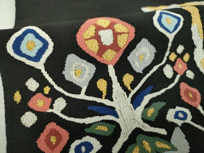 平和屋着物●爪掻き本綴れ　八寸名古屋帯　草花文　黒地　金銀糸　正絹　逸品　DABE5196ps
