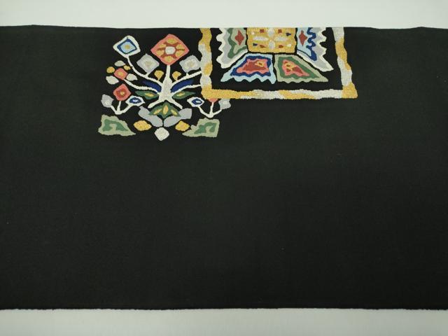 平和屋着物●爪掻き本綴れ　八寸名古屋帯　草花文　黒地　金銀糸　正絹　逸品　DABE5196ps