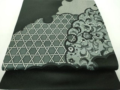 平和屋着物●九寸開き名古屋帯　雪輪重ね更紗花文　黒地　正絹　逸品　DABE5201ps